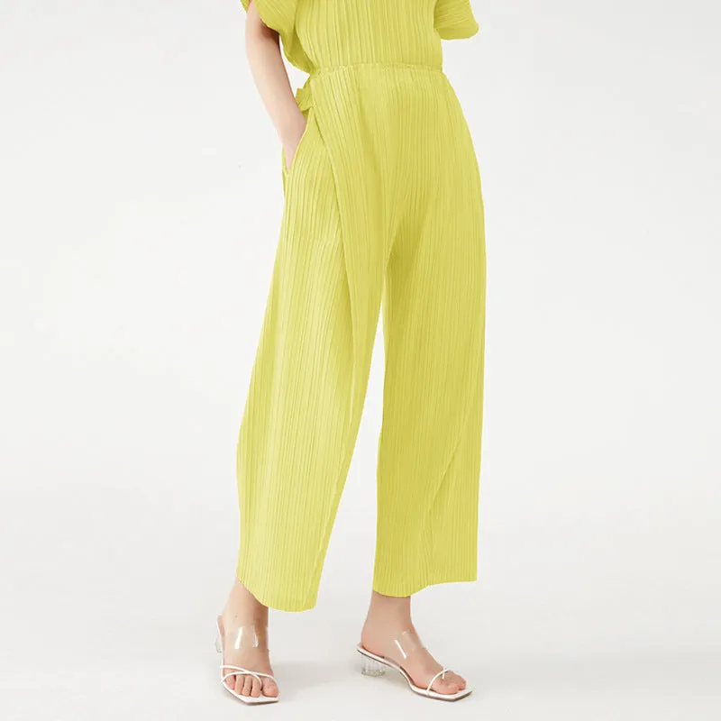 Ruched Solid Irregular Pocket Wide Leg Pants