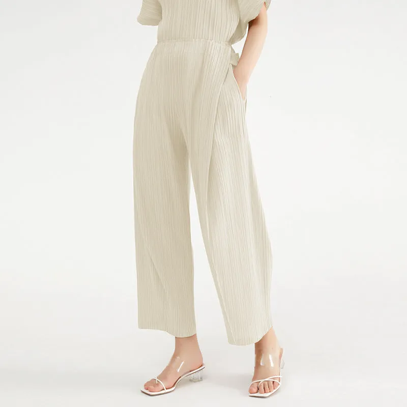 Ruched Solid Irregular Pocket Wide Leg Pants