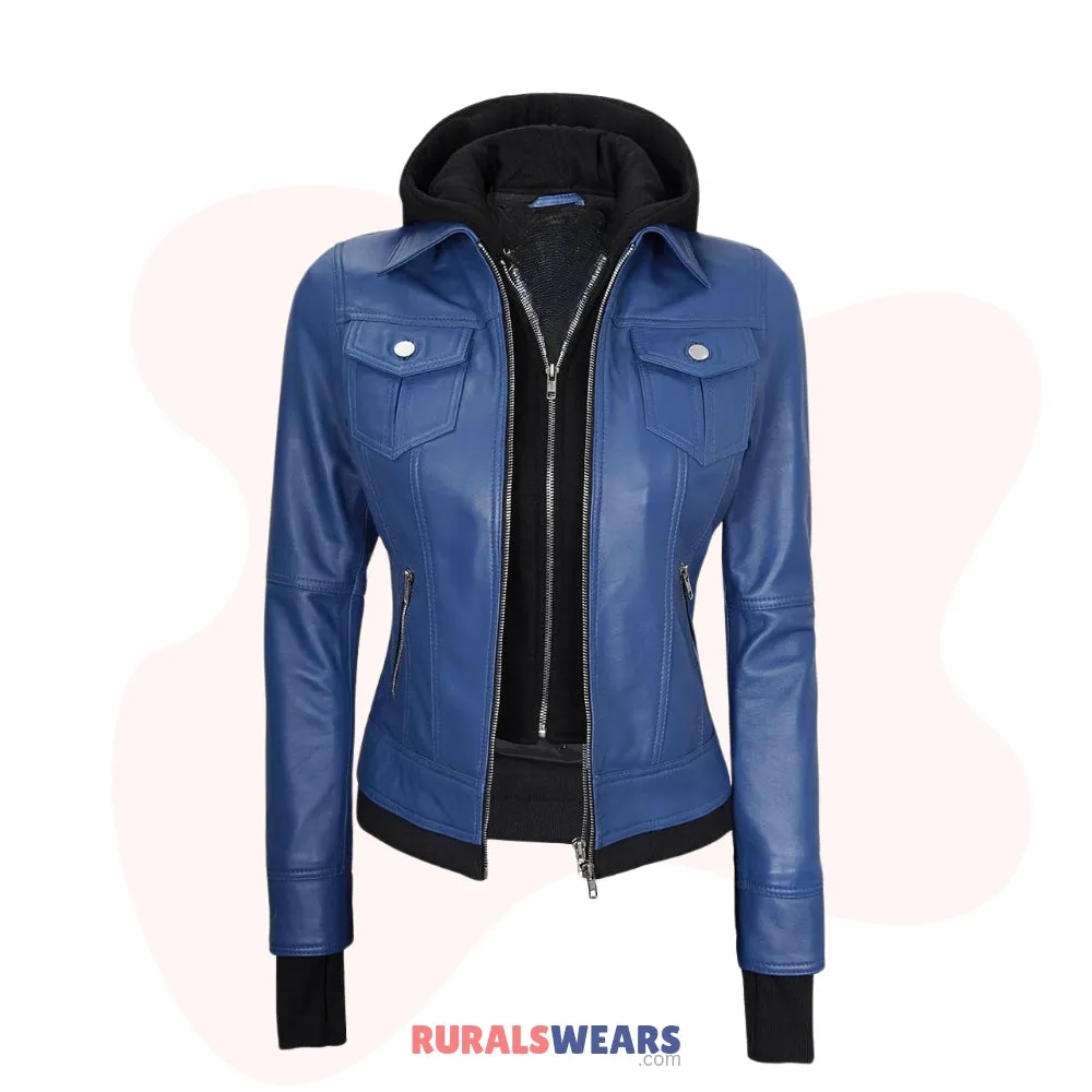 RW Authentic Sheepskin Bomber Removeable Hoodie Jacket For Women