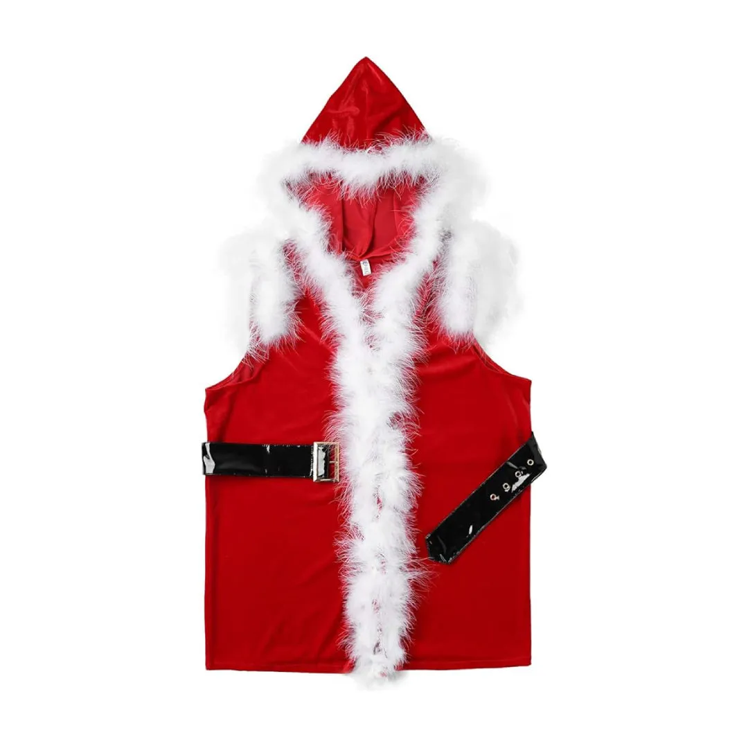 Santa Claus Costume Sleeveless Hooded Leather Jacket