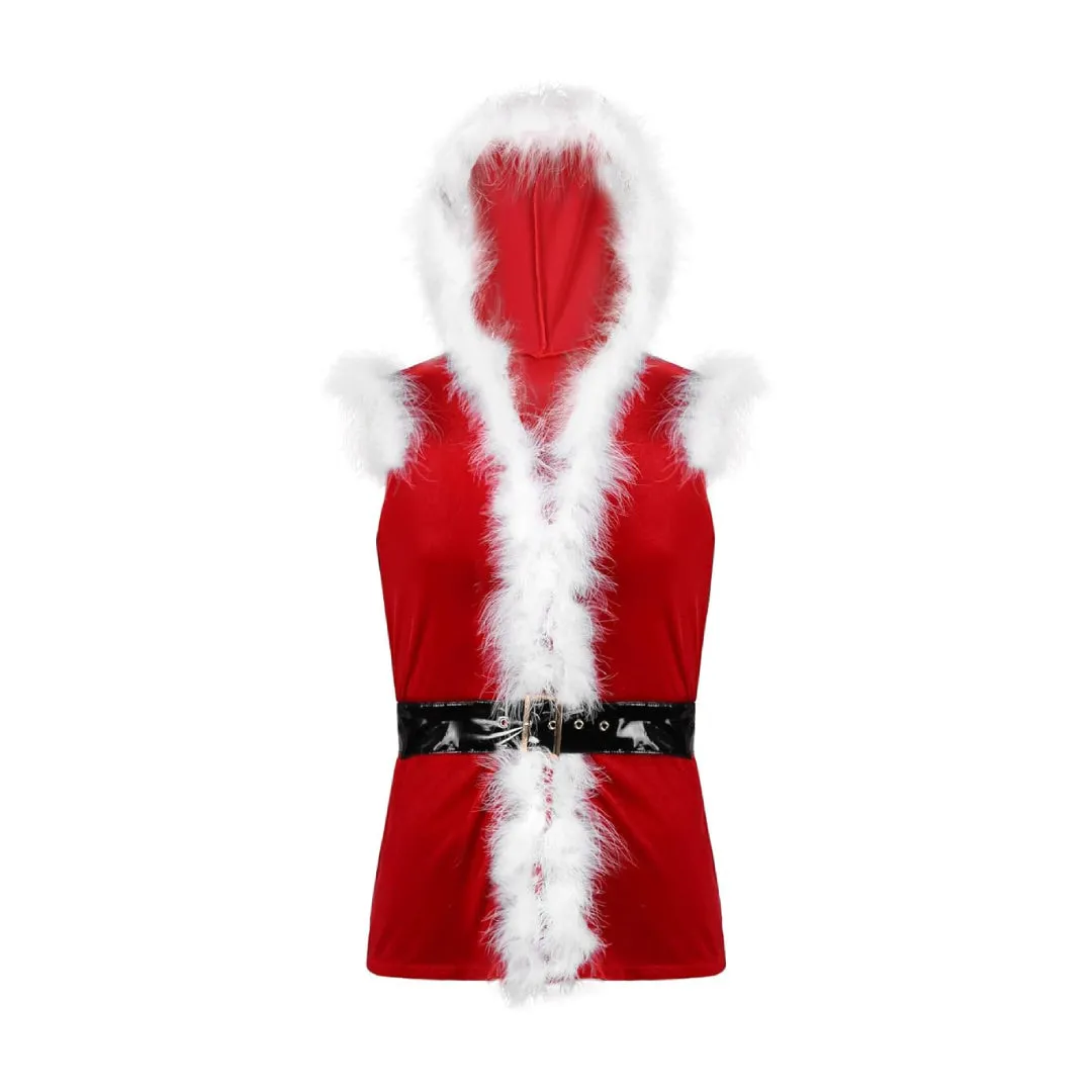 Santa Claus Costume Sleeveless Hooded Leather Jacket