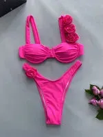 Sexy Push Up Bikini 3D Flower Solid Color  Women Swimwear Underwired Swimsuit High Cut Bathing Suit Bikinis Set Biquini