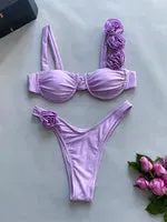 Sexy Push Up Bikini 3D Flower Solid Color  Women Swimwear Underwired Swimsuit High Cut Bathing Suit Bikinis Set Biquini