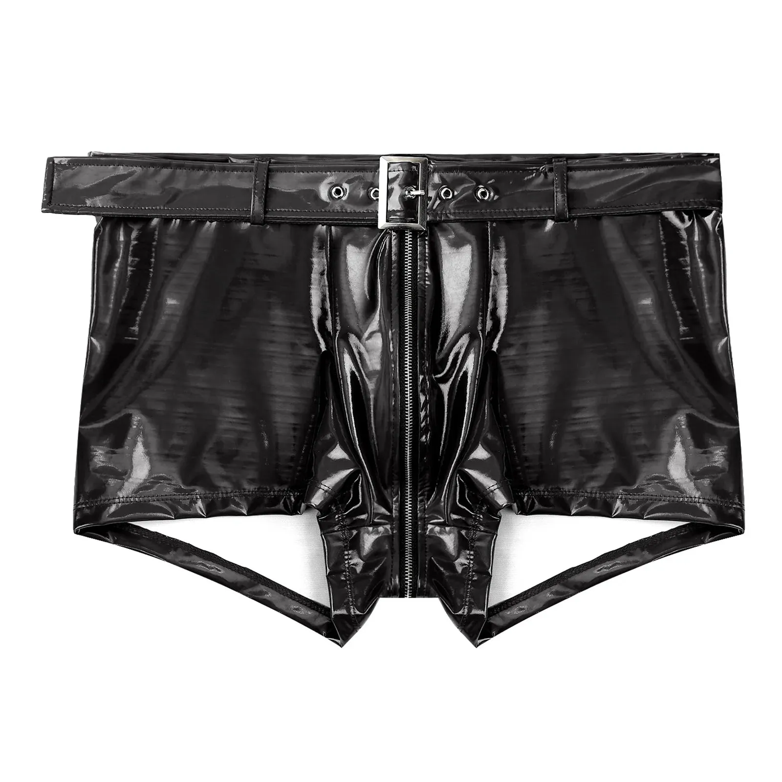 Shiny with Belt Zipper Crotch Boxer