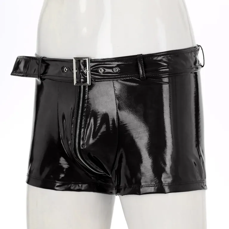 Shiny with Belt Zipper Crotch Boxer