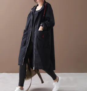 Side Slit Loose Spring Women Casual Coat Hooded Trench Coat Plus Size Coat Jacket