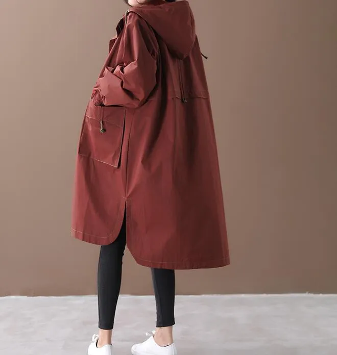 Side Slit Loose Spring Women Casual Coat Hooded Trench Coat Plus Size Coat Jacket