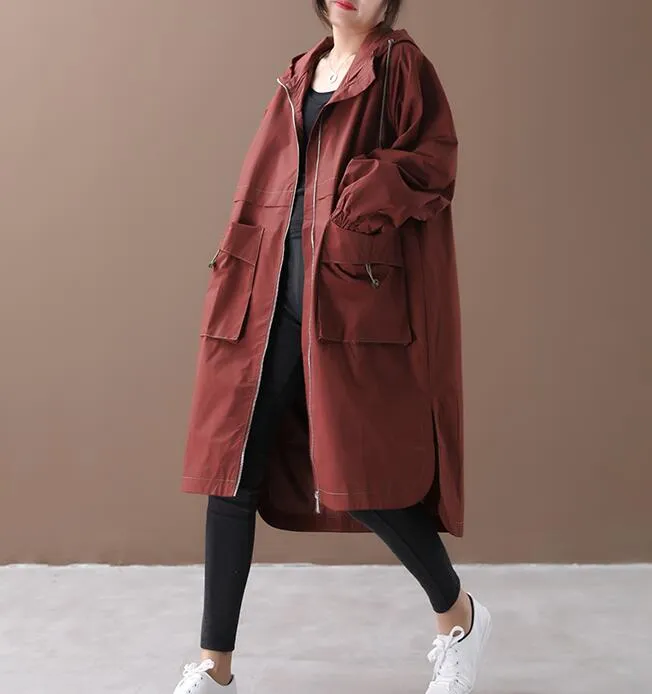 Side Slit Loose Spring Women Casual Coat Hooded Trench Coat Plus Size Coat Jacket