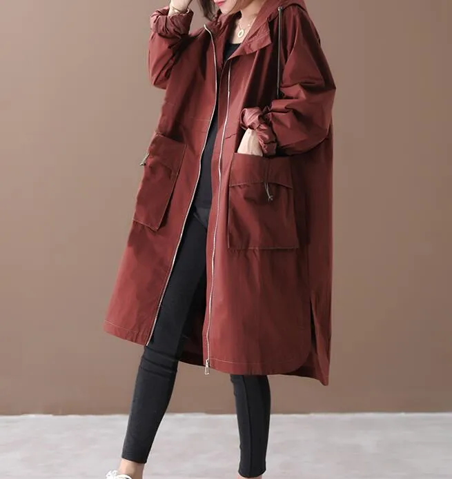 Side Slit Loose Spring Women Casual Coat Hooded Trench Coat Plus Size Coat Jacket