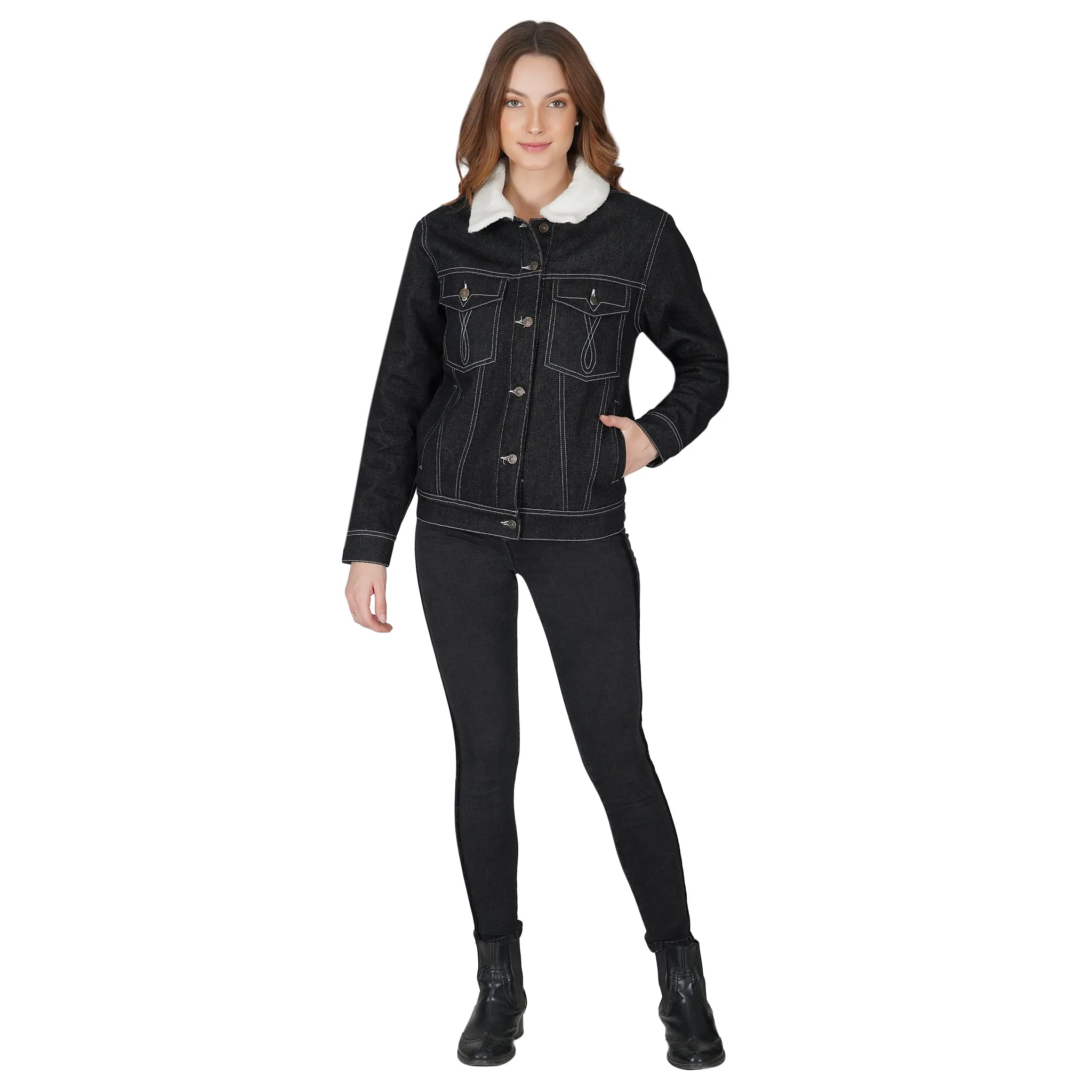 SLAY. Women's Black Denim Jacket with Faux-fur Lining