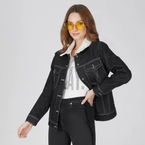 SLAY. Women's Black Denim Jacket with Faux-fur Lining