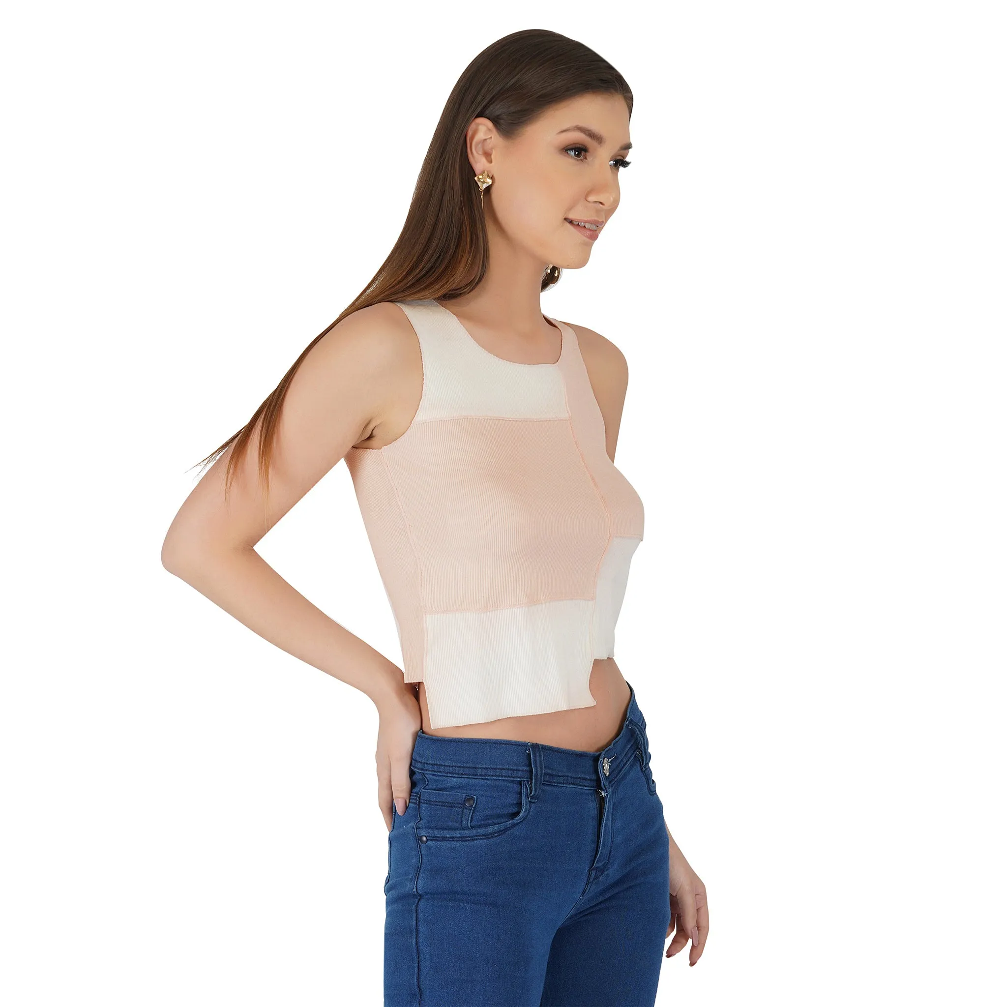 SLAY. Women's Pink & White Colorblock Rib Crop Top