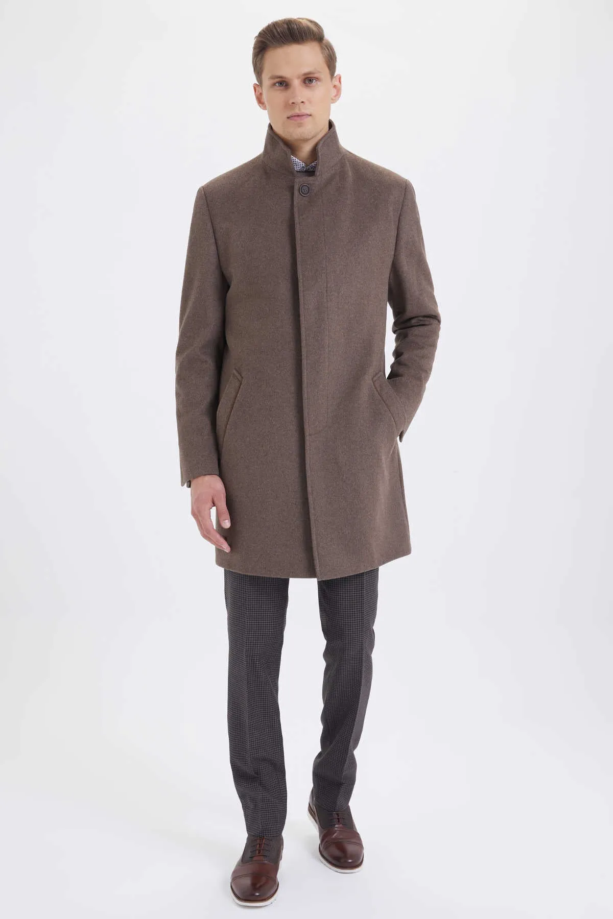 Slim Fit Stand Collar Wool Brown Overcoat, Brown