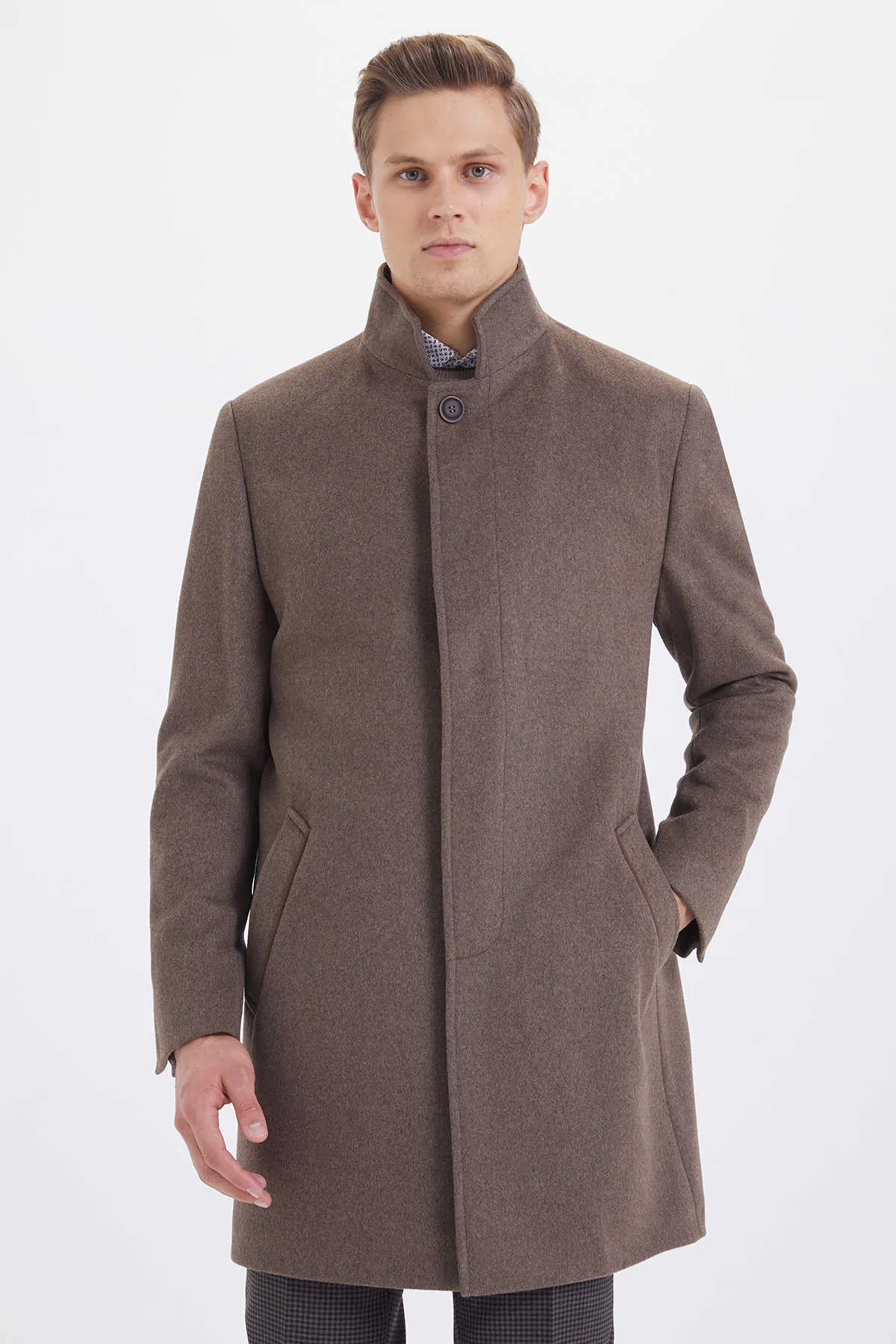 Slim Fit Stand Collar Wool Brown Overcoat, Brown