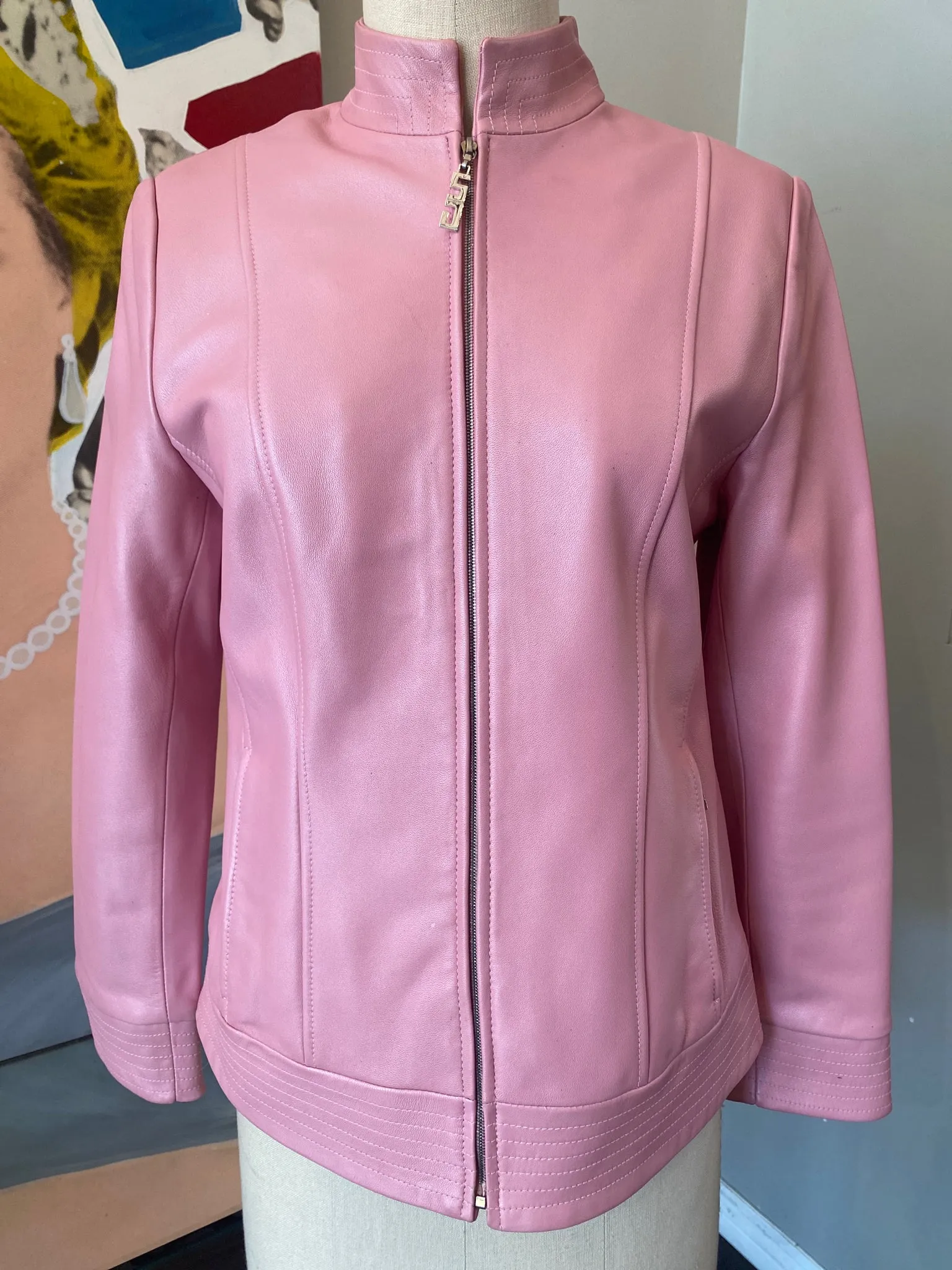 St. John Pink Leather Size P Leather Bomber Jacket