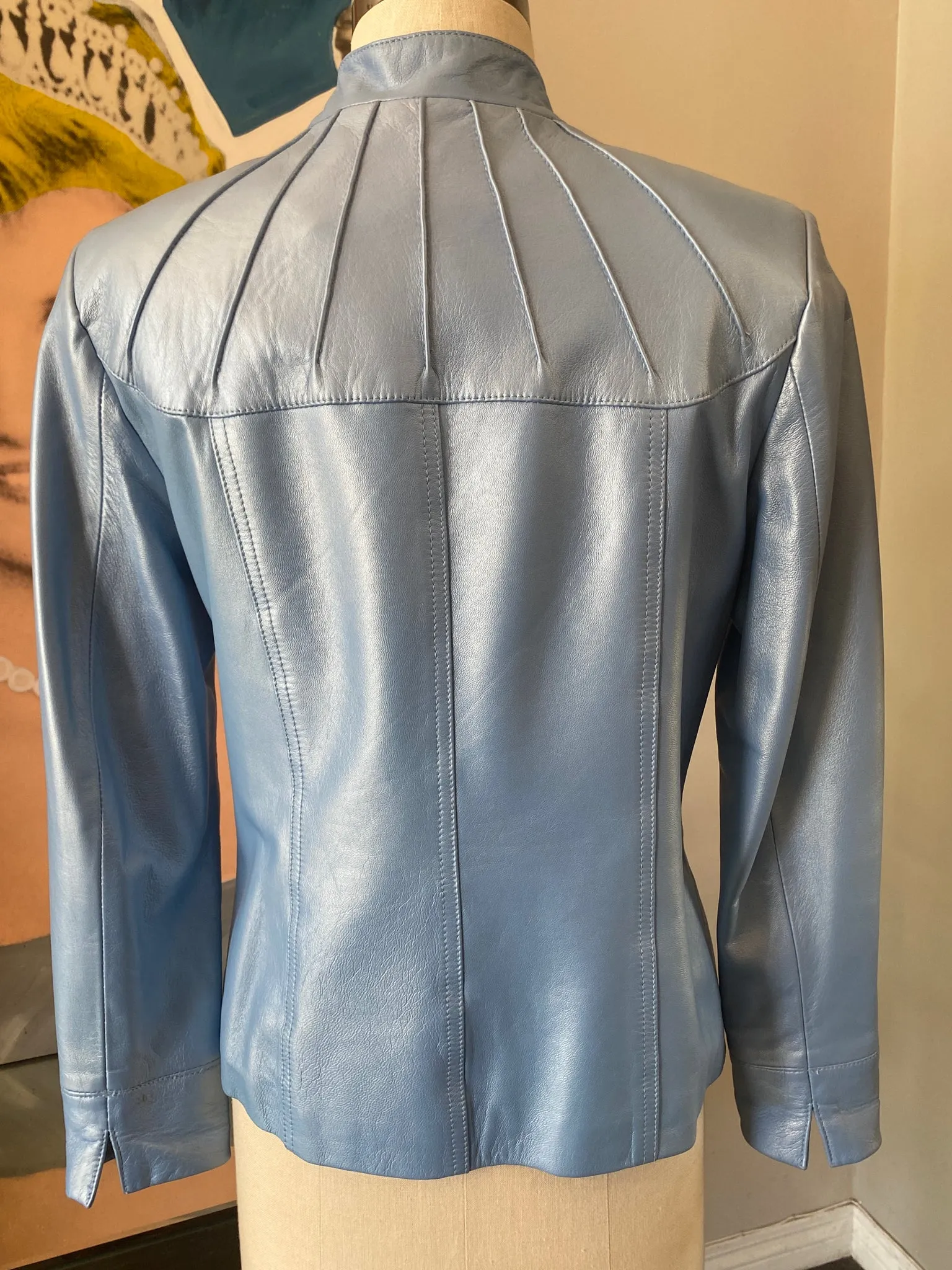 St. John Sport Blue Metallic Leather Bomber Jacket