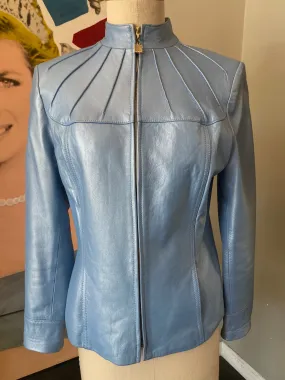 St. John Sport Blue Metallic Leather Bomber Jacket