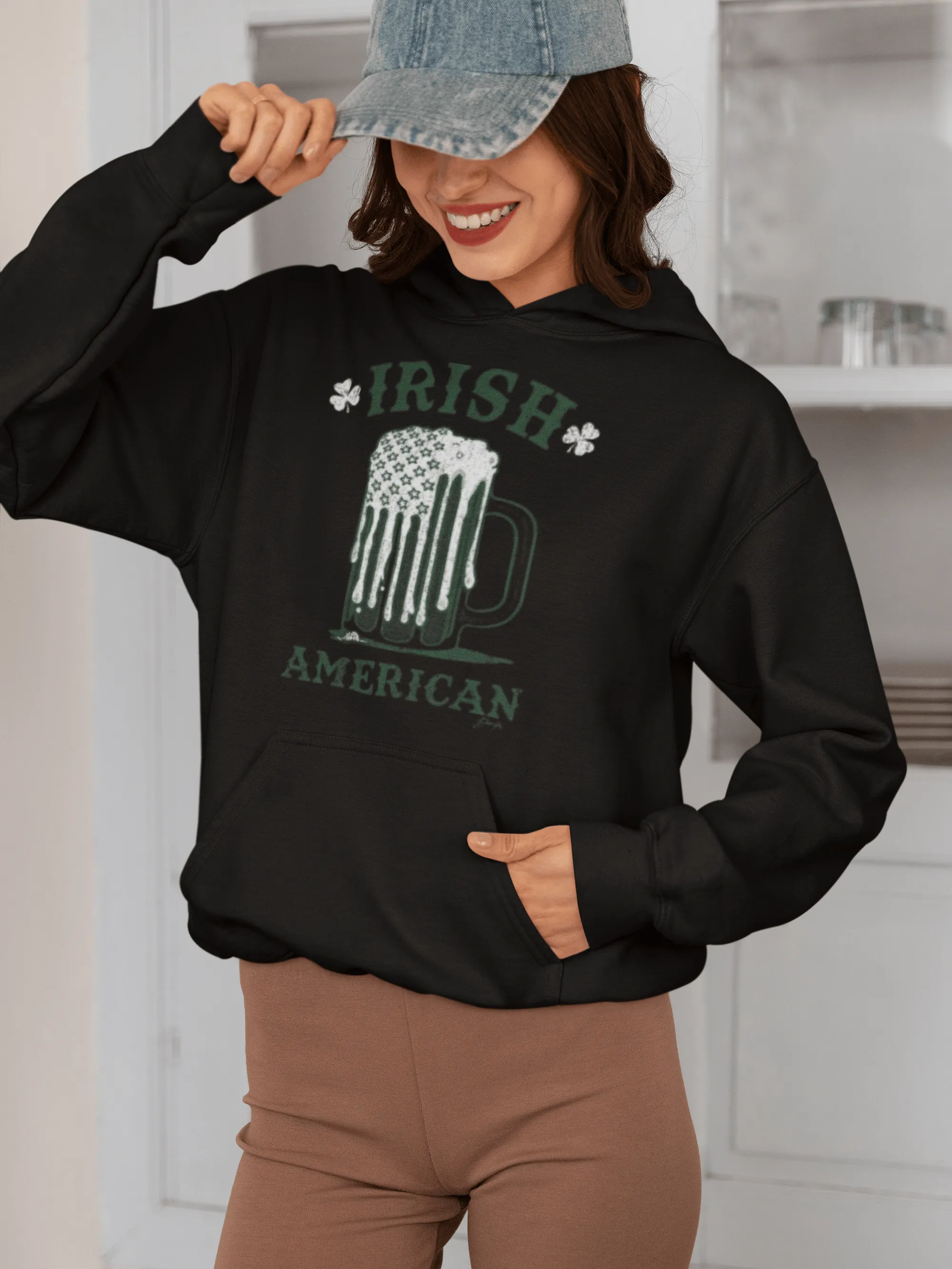 St. Patrick's Day Hoodie Frosted Beer Mug Shaped in Ameican Flag Blended Cotton Unisex Hoodie