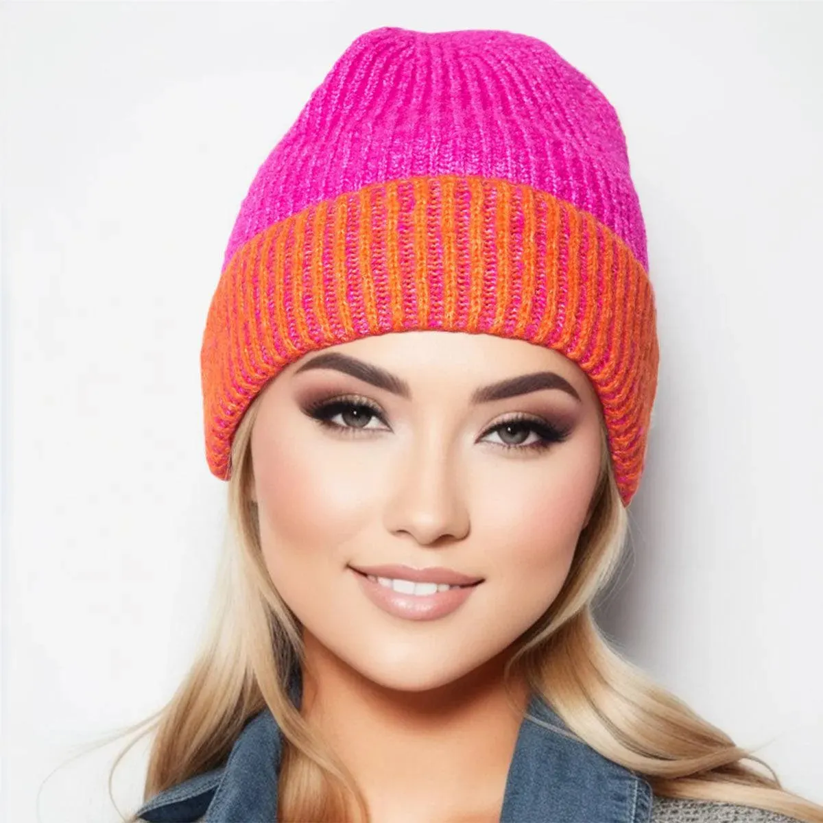 Stay Toasty: Ribbed Knit Beanie Hat in Fuchsia/Orange