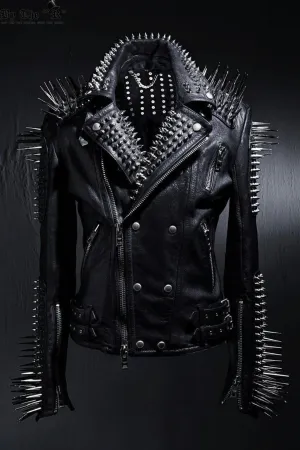 Studded Leather Jacket Women Handmade Full Black Punk Silver Long Spiked