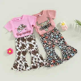 Summer Cow Head Leopard Print Short Sleeve Top Flared Pants Suit Wholesale Girls Clothes