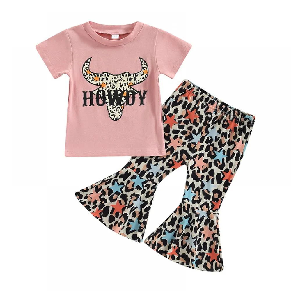 Summer Cow Head Leopard Print Short Sleeve Top Flared Pants Suit Wholesale Girls Clothes