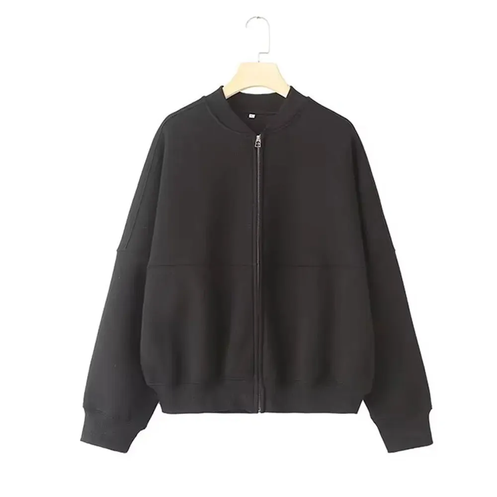 TRAFZA Women's 2-piece Retro Solid Color Zipper Bomber Jacket Sweatshirt   High-waisted Lace-up Women's Loose Velvet Pants Suit