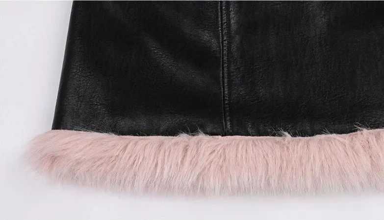 Two-Tone PU Faux Fur Parka Coat