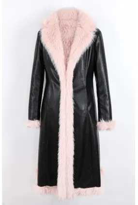 Two-Tone PU Faux Fur Parka Coat