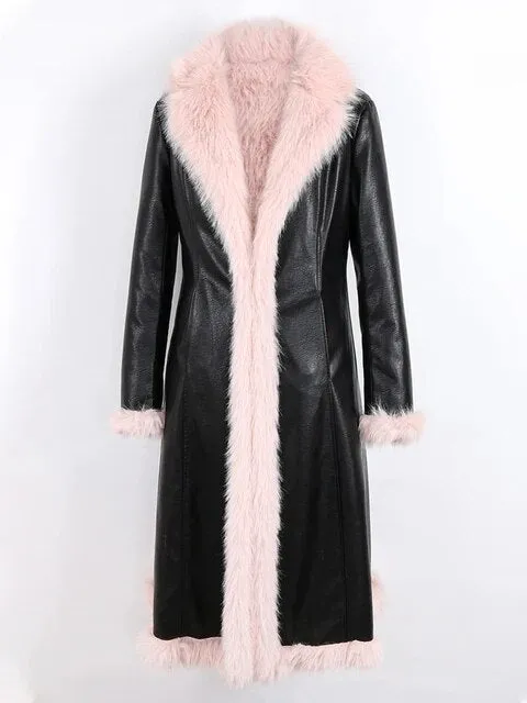 Two-Tone PU Faux Fur Parka Coat