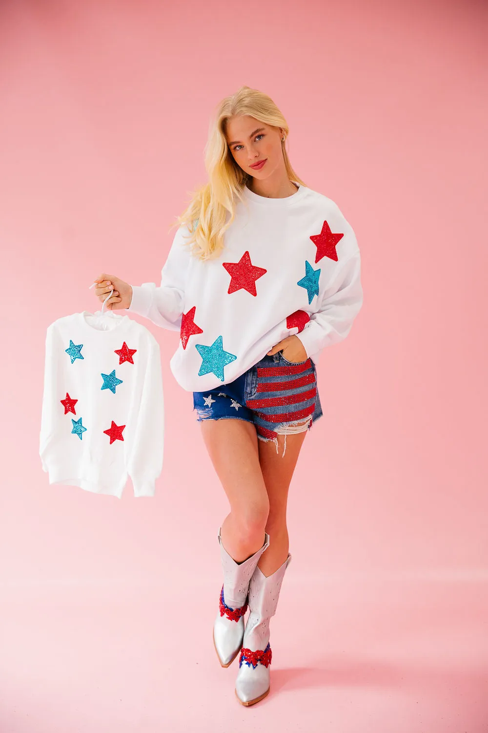 USA SEQUIN STARS WHITE PULLOVER