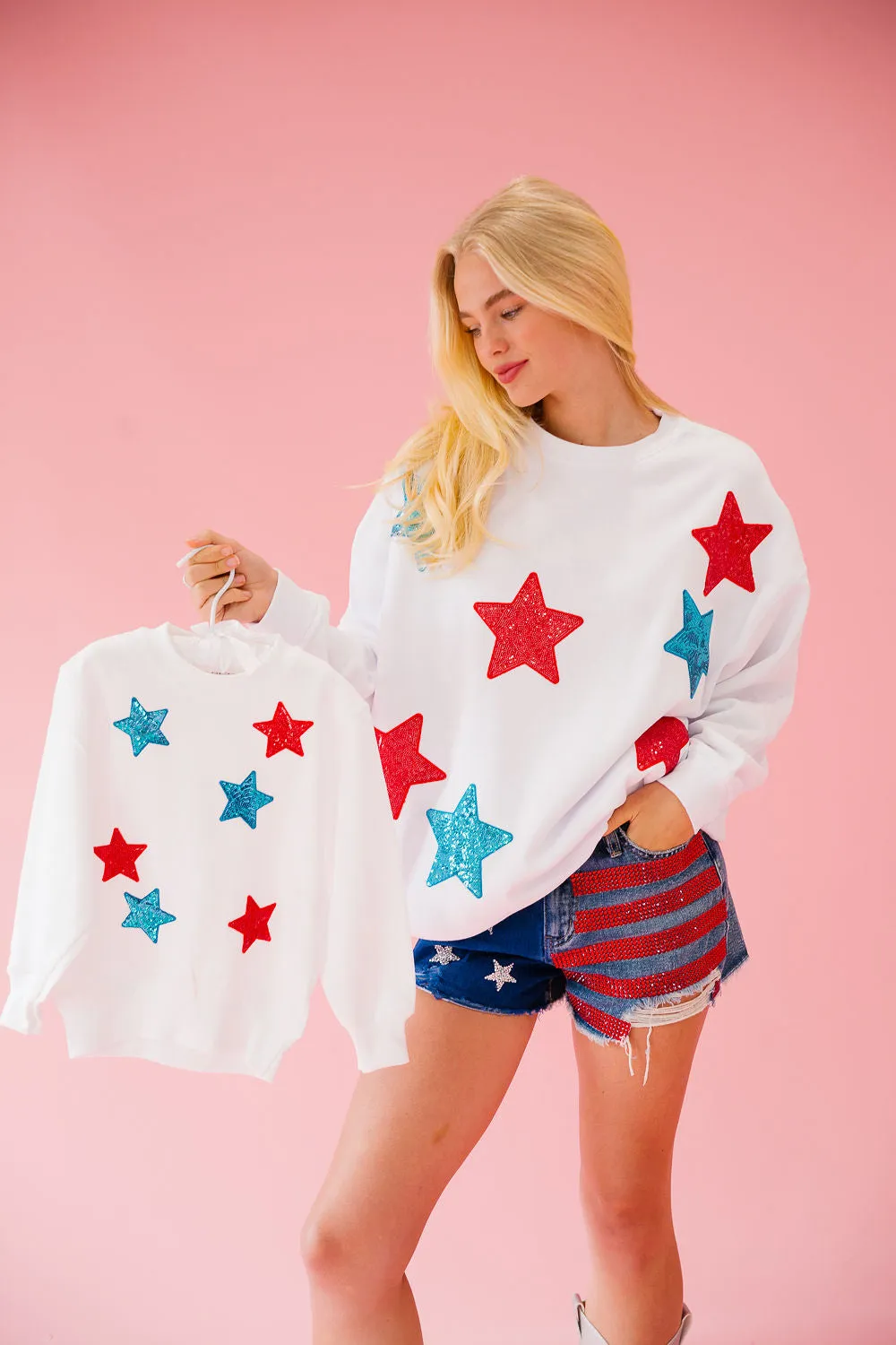 USA SEQUIN STARS WHITE PULLOVER