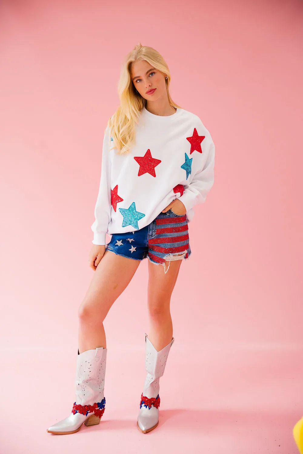 USA SEQUIN STARS WHITE PULLOVER