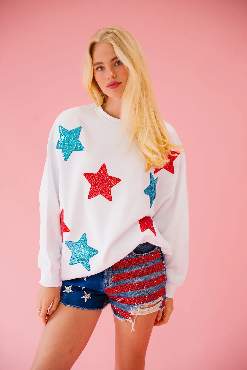 USA SEQUIN STARS WHITE PULLOVER