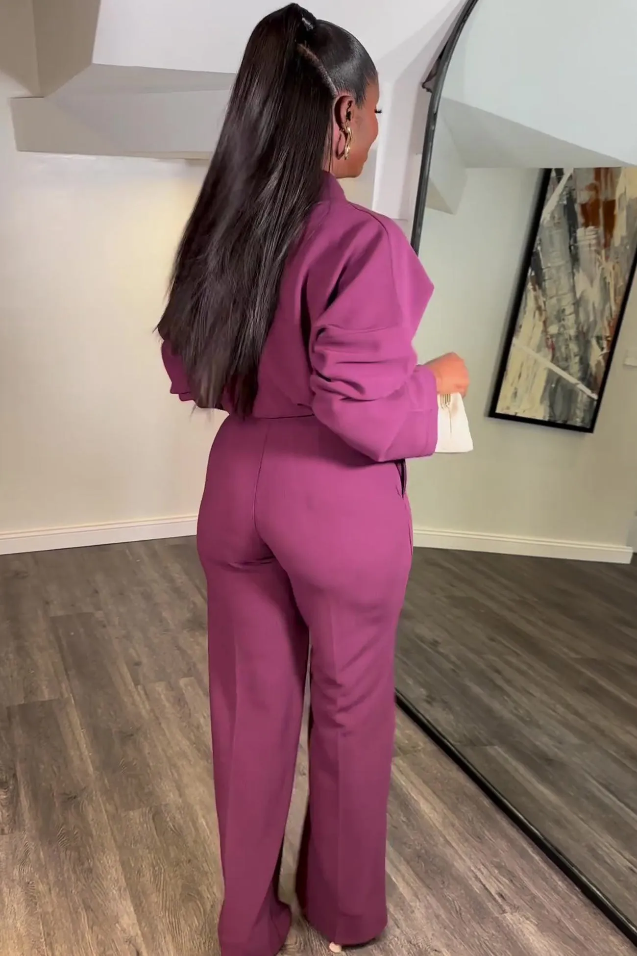 V Neck Blouse Wide Leg Long Pants Suits