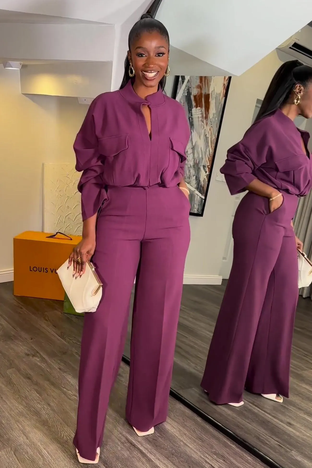 V Neck Blouse Wide Leg Long Pants Suits