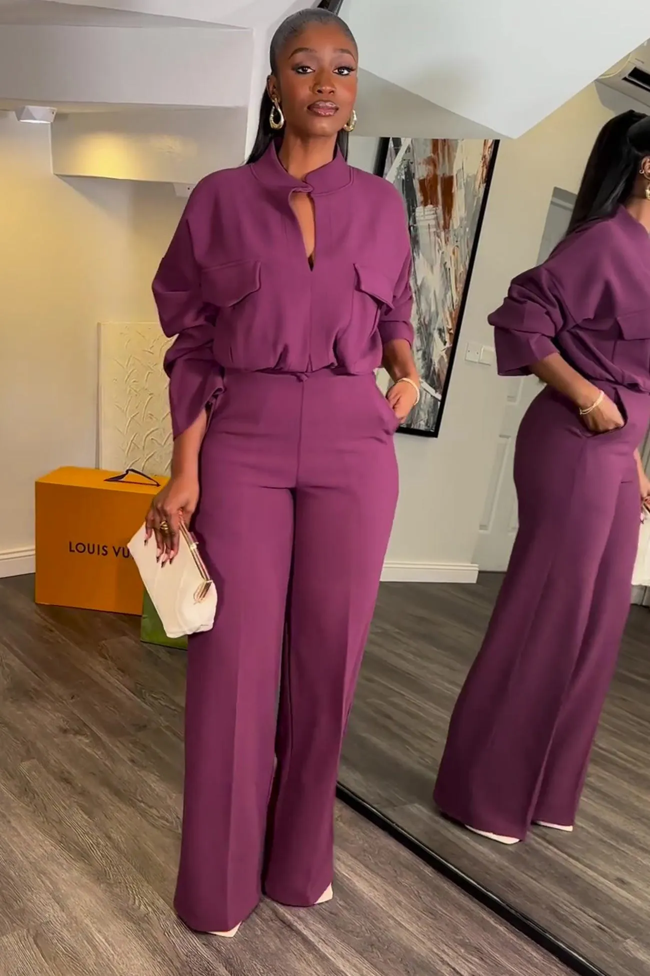 V Neck Blouse Wide Leg Long Pants Suits