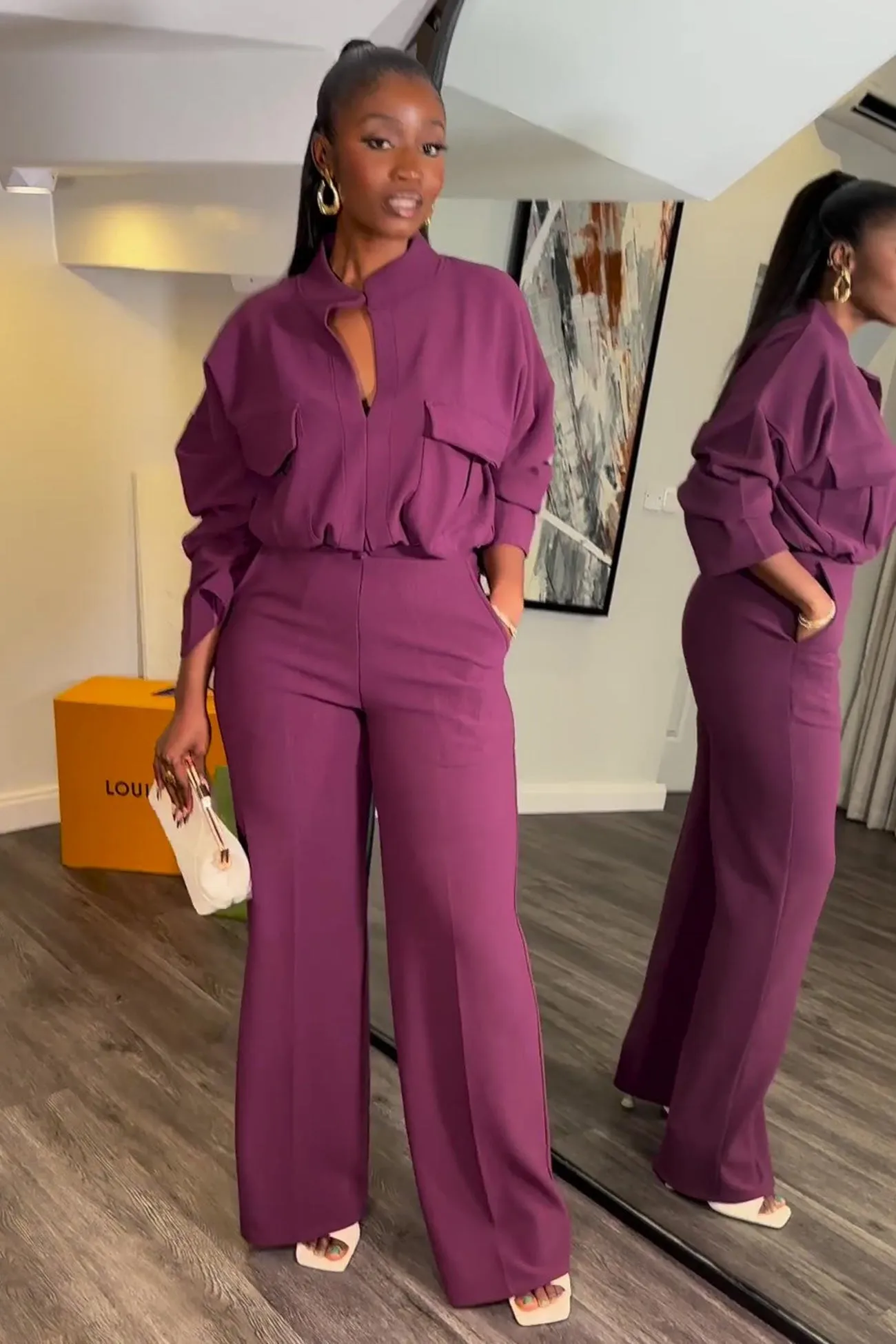 V Neck Blouse Wide Leg Long Pants Suits