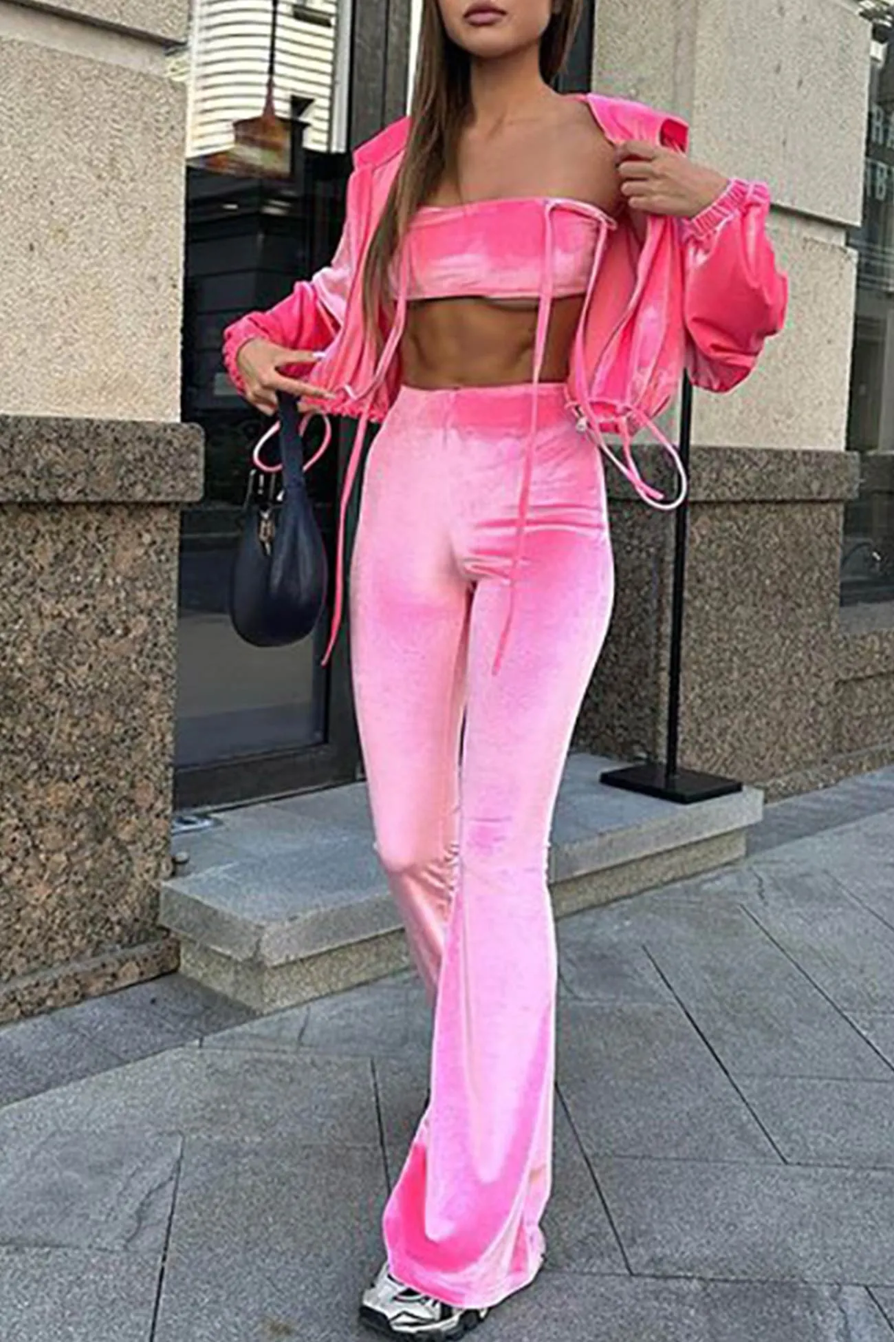 Velvet Tie-back Vest Hoodie Three-piece Pants Suits