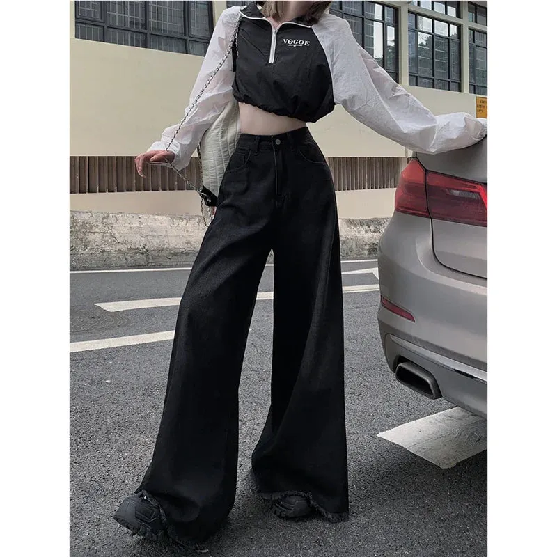 Vintage Black High Waist Wide Leg Striped Denim Trousers