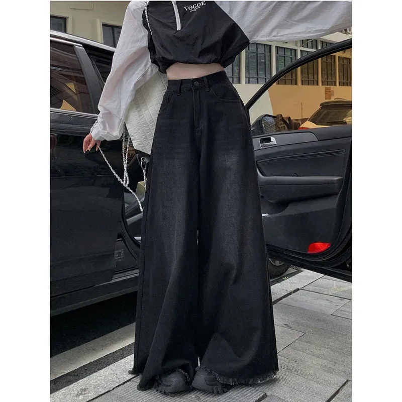 Vintage Black High Waist Wide Leg Striped Denim Trousers