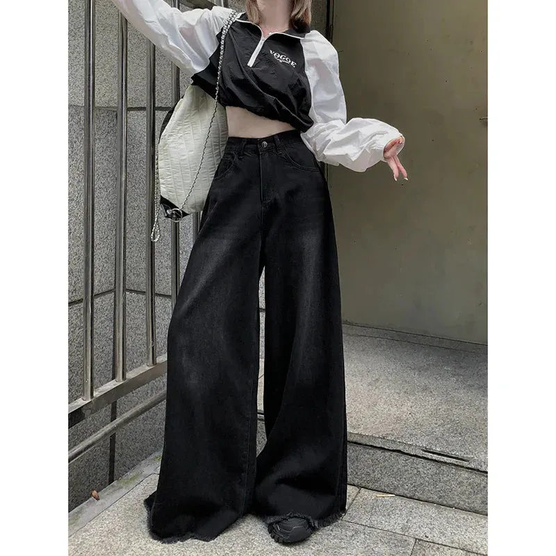 Vintage Black High Waist Wide Leg Striped Denim Trousers