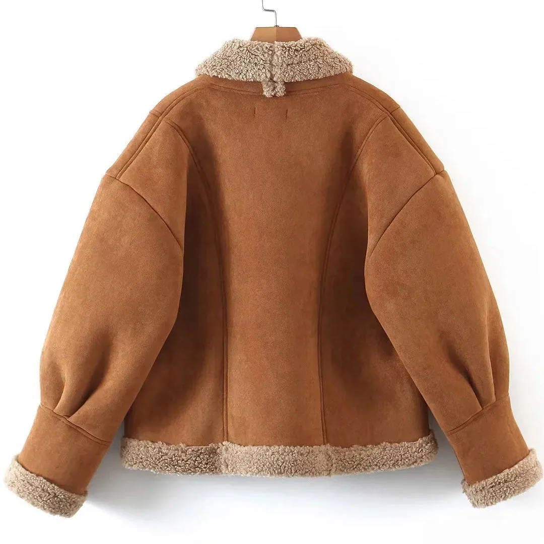 Vintage Collared Patch Pocket Long Sleeve Faux Shearling Jacket - Brown