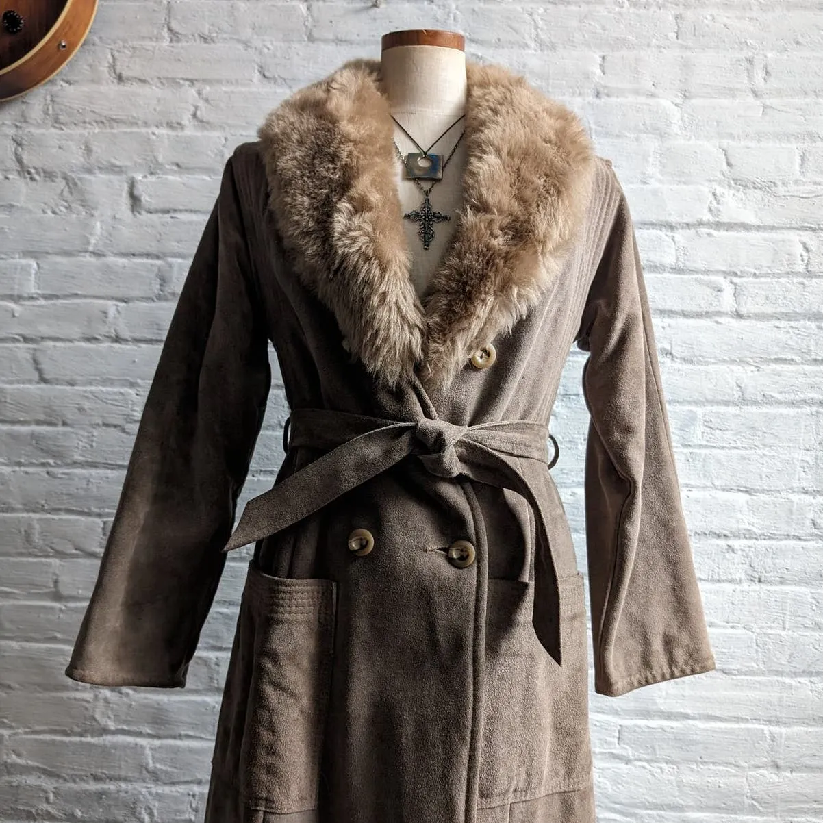 Vintage Penny Lane Fur Furry Genuine Suede Leather Groovy Mod Trench Coat Jacket