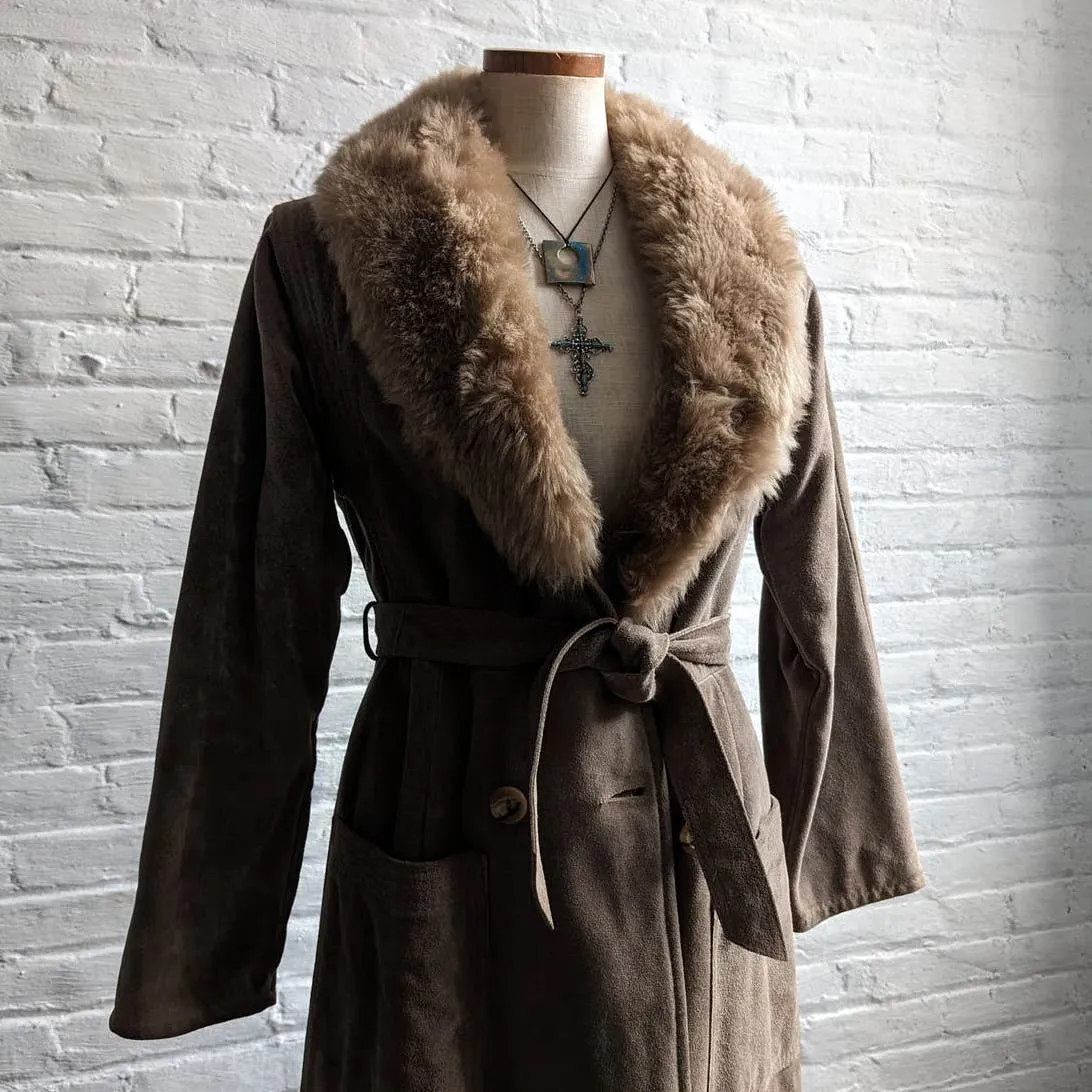 Vintage Penny Lane Fur Furry Genuine Suede Leather Groovy Mod Trench Coat Jacket