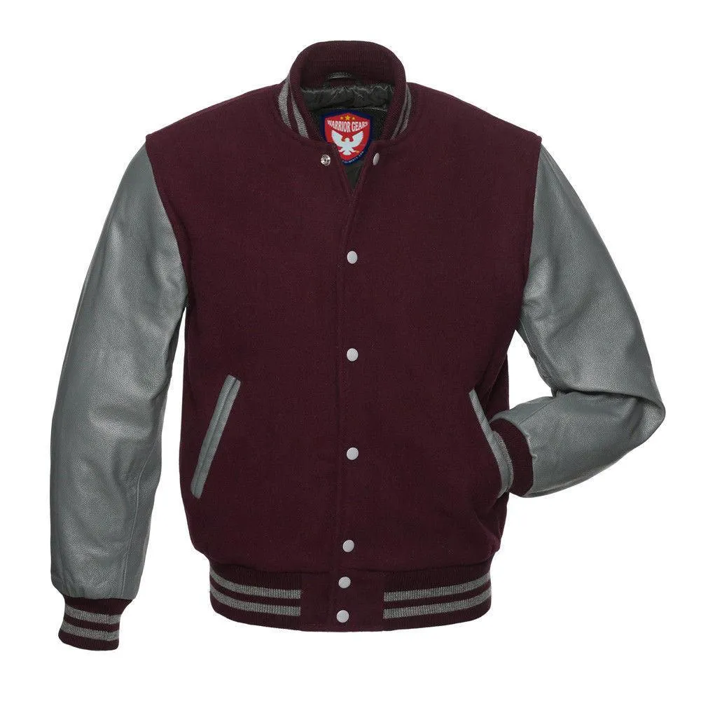 Warrior Gears Classic Hybrid Varsity Jacket for Kids, Toddler Letterman Bomber Jacket for Boys, Unisex Varsity Jacket Girls, Maroon Pure Wool Body & Grey Cowhide Leather Sleeves