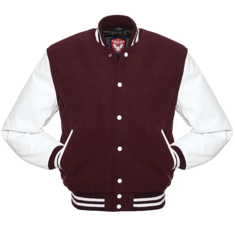 Warrior Gears Classic Hybrid Varsity Jacket for Kids, Toddler Letterman Bomber Jacket for Boys, Unisex Varsity Jacket Girls, Maroon Pure Wool Body & White Cowhide Leather Sleeves