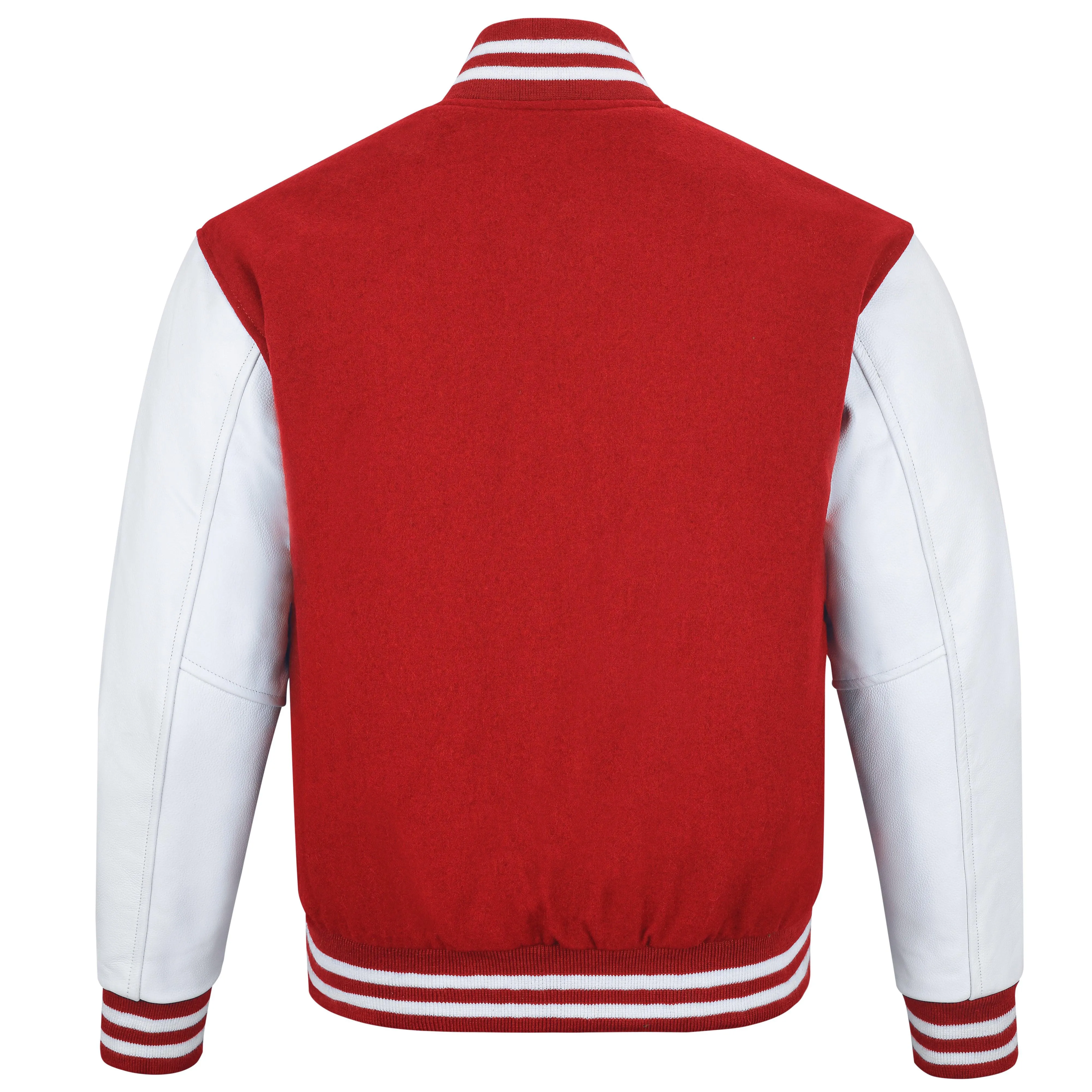 Warrior Gears Classic Hybrid Varsity Jacket University Letterman Bomber Jacket, Pure Wool & Original Cowhide Leather Jacket, Red Pure Wool Body & White Real Leather Sleeves