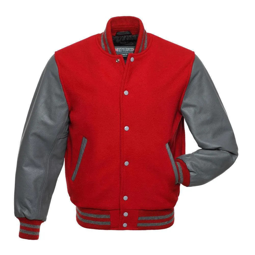 Warrior Gears Classic Hybrid Varsity Jacket University Letterman Bomber Jacket, Pure Wool & Original Cowhide Leather Jacket, Red Wool Body and Grey leather Sleeves