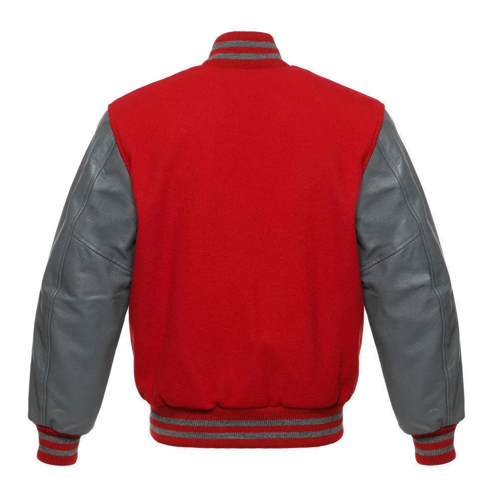 Warrior Gears Classic Hybrid Varsity Jacket University Letterman Bomber Jacket, Pure Wool & Original Cowhide Leather Jacket, Red Wool Body and Grey leather Sleeves